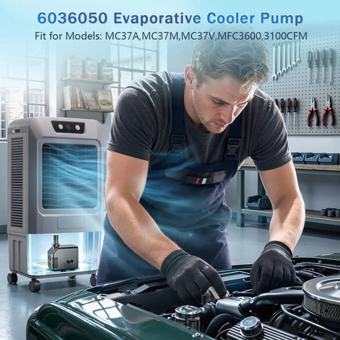 Ultra Quiet Evaporative Cooler Water Pump Replacement With Straight Drop In Three Pin Quick Connect And Built In Dry Run Thermal Cutout For Mc37 Evap Boxes No Hassle Operation in a workshop setting.