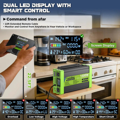 Heavy Duty Road Ready 1500W Pure Sine Wave Power Inverter with dual LED display, remote control in kitchen setup.