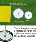 Metal Putting Cup With Flag For Golf Training Hole, Durable Steel Cup Kit showing components and sizes on grass