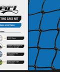 Batting Cage Net For Baseball And Softball Practice, HDPE netting detail with twisted knots and features listed