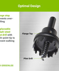 Carbide Tipped Hole Cutter Set 5-Piece With Pilot Drill And Hex Wrench showing flange stop and cobalt-steel pilot drill details