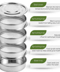 Stainless Steel 4 Tier Seed Sprouting Kit With Lid, 6 Inch Diameter, showing 3 mesh trays and base tray stacked for microgreens.