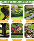 Collage showing flexible DIY friendly plastic garden edging border 4 inches tall for flower beds, lawns, yards, and tree rings.