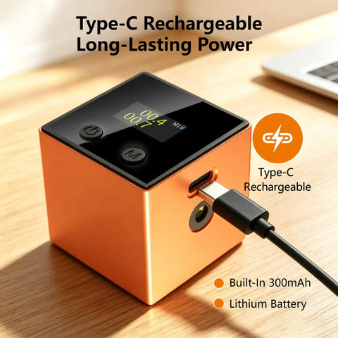 Compact Type-C rechargeable digital laser level with power display, USB-C port, and built-in lithium battery.