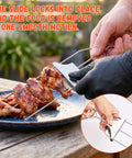 Person demonstrating 3 Way Grill Skewers With Push Off Slider 14.7 Inch Stainless Steel Kabob Sticks For Grilling Multiple Pieces Non Spin Design
