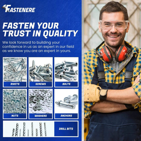 Smiling worker in safety goggles standing beside a display board featuring images of fasteners like rivets, screws, bolts, nuts, and anchors.