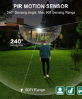 2 Pack 240 Degree Outdoor Motion Sensor Featuring No Sweat Setup And Adjustable Lux Controls With Rock Solid Sixty Foot Sweep Range And Three Smart Operating Modes For Security Floodlights Crisp White Finish, 240° sensing angle and 60ft range.