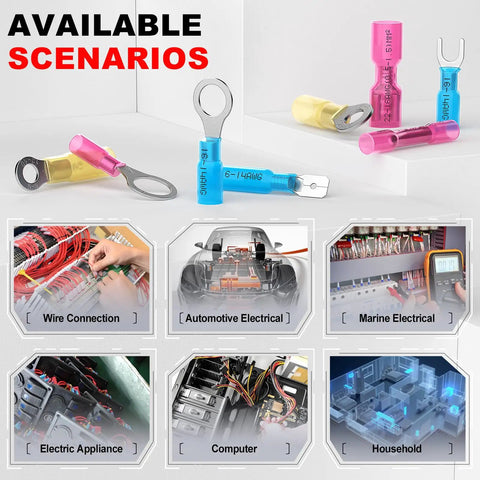 Marine Heat Shrink Ring Terminal Kit For 16-14 AWG Wires with scenarios like automotive and marine electrical.