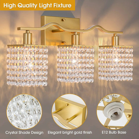 Gold Crystal 3 Light Vanity Wall Sconce For Bathroom Home, glam gold bath lighting with crystal beads chain and mirror-ready fixture