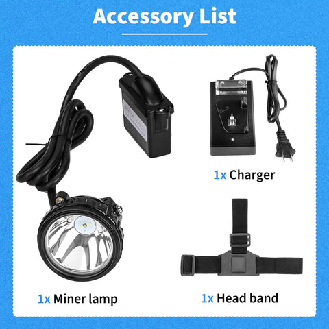 Rechargeable Mining Headlamp With 1 Main LED And 2 Auxiliary LEDs, showing miner lamp, charger, battery pack, and headband