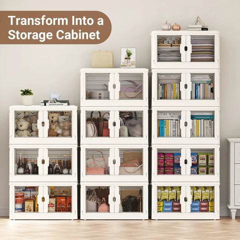 Heavy Duty Stackable Storage Bins With Lids And Wheels 4 Pack Collapsible Badass Plastic Box used as storage cabinet, white, showcasing organized contents.