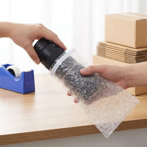 Person packing camera lens in Self Seal Bubble Bags 100 Pack Reusable PE Cushioning Pouches With Self Adhesive Closure