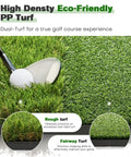 Golf club and ball on a Premium Dual Turf Golf Mat For Backyard And Driving Range Indoor And Outdoor Practice 5 By 4 Feet.
