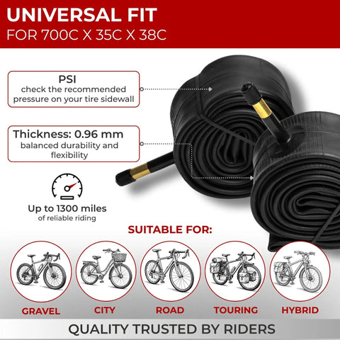 Two Pack 700c Inner Tubes 35 38c ISO 622 With 48mm Schrader Valve Butyl Rubber For Gravel Road Urban Touring Hybrid And E Bikes In 28 Inch Size Durable And Ready For Quick Replacements On Your Daily Rides.