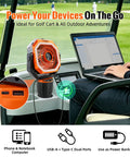 48Hrs Golf Cart Misting Fan 2 In 1 Large Golf Cart And Camping Fan with USB ports in golf cart cup holder next to laptop