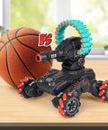 Remote Tank That Shoots Foam Darts, Gesture Sensing RC Battle Tank With 180 Degree Turret, Foam Dart Launcher Reaches 30 Feet, Indoor Outdoor Fun, Perfect Birthday Gift For Kids Aged 6 7 8 9 10 11 12, Red next to basketball