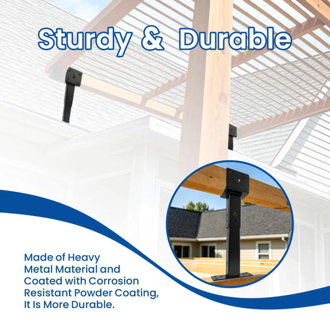 Rock Solid Pergola Roof Riser Brackets With Adjustable Three Point Six Inch Saddle Mount Rust Proof Steel Hardware For Backyard Patio Deck Built Tough Construction Three Pack Long Shape visible on a wooden pergola.