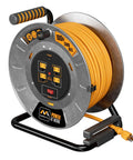 Heavy Duty 100 Foot Metal Cord Reel On The Job With Retractable Extension Lead, Winding Handle, 4 Grounded Outlets, 15 Amp 12 AWG Cable