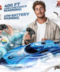 Man holding controller with 12 Inch Remote Control Boat For Lakes And Pools, Fast 25 KPH RC Speed Boat, Durable TX126 Blue in water.