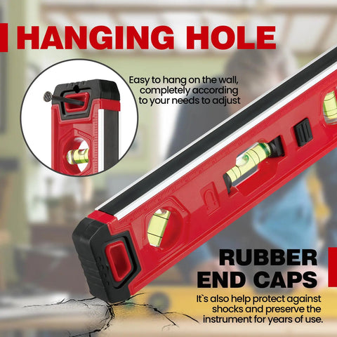Top Shelf 9 Inch Torpedo Level With Bright Illuminated Vials And Heavy Duty Magnets For Dead On Precision And No Sweat Mounting On Metal Surfaces Daily, showing hanging hole detail.