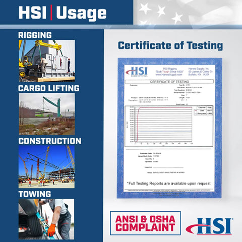 Two Ply 2In Nylon Triangle And Choker Type 1 Sling 28Ft TC2 802 Heavy Duty Lifting And Towing Sling With 6,400 Lb Vertical Capacity Built For Tough Job Sites And Big Loads Easy To Handle. HSI usage and testing certificate graphic