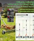 Wheeled Dethatching Rake For Lawn With 15 Inch Heavy Duty Stainless Steel Head, Adjustable Long Handle 35 To 67 Inches
