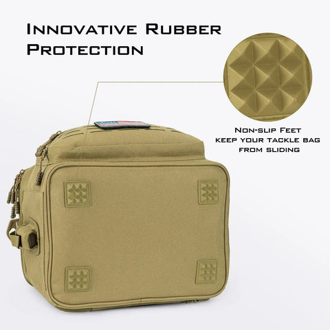 Versatile Tackle Bag With Four 3600 Trays For Saltwater And Freshwater Fishing with rubber protection and non-slip feet.