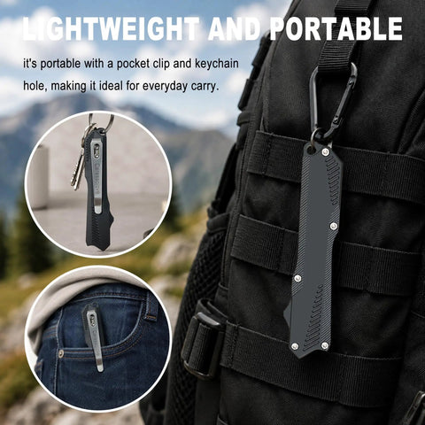 Heavy Duty Aluminum Retractable Scalpel Knife Mini Folding Utility Blade featuring safe sliding guard, portable with pocket clip.