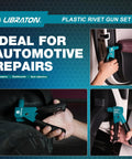 Lightweight 90 Degree Plastic Rivet Gun Kit With One Hand Riveter used in automotive repairs, showing ergonomic grip in action.