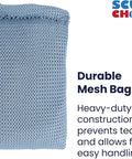 Close-up of Soft Mesh Diving Shot Weight Bag With Hardened Antimony Pellets, Durable Nylon Graphite-Free Build shown alongside logo.