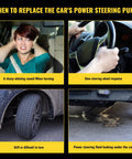 Image showing symptoms of power steering pump issues, including whining sounds, slow response, difficulty turning, and fluid leaks.