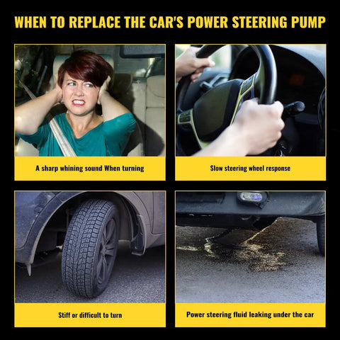 Image showing symptoms of power steering pump issues, including whining sounds, slow response, difficulty turning, and fluid leaks.
