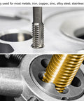 Close-up of taps threading metal, showing 3 Piece Tap And Die Set For 4-40 UNC Threads Handy Tapping And Thread Repair Kit.