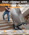 Heavy Duty Electric Stair Climbing Hand Truck With Upgraded Rubber Tracks And Height Adjustable Tray For Smooth Warehouse Logistics Moves, Lithium Battery Powered 1200W Trolley handles 900lbs loads moving a fridge up stairs.