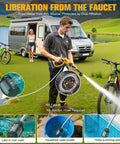 Workhorse Cleaning Tool For DeWalt 20V Battery System used outdoors near caravan and pond, cleaning bicycle, hose extended.