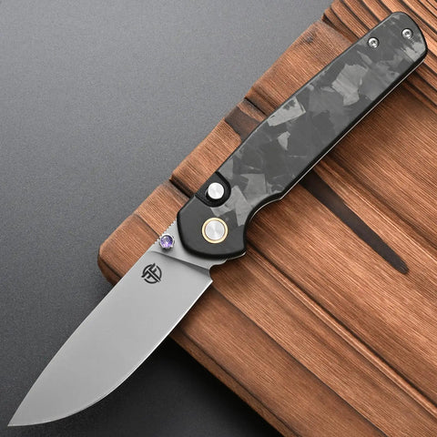 Folding Knife With 14C28N Steel Blade And Carbon Fiber Handle Go To EDC Knife With Pocket Clip, displayed on a wooden board