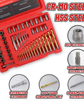 53 Piece Spiral Screw Extractor And Bolt Remover Set With Left Hand Drill Bits Nut Removers And Extension Easy Out Tool Kit open case showing extractors and drill bits