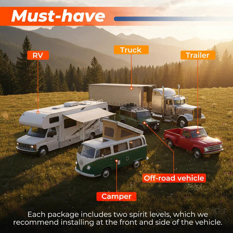 Image of RV, truck, trailer, camper, and off-road vehicle in outdoor setting. Ideal for Two RV Camper Bubble Level Kit.