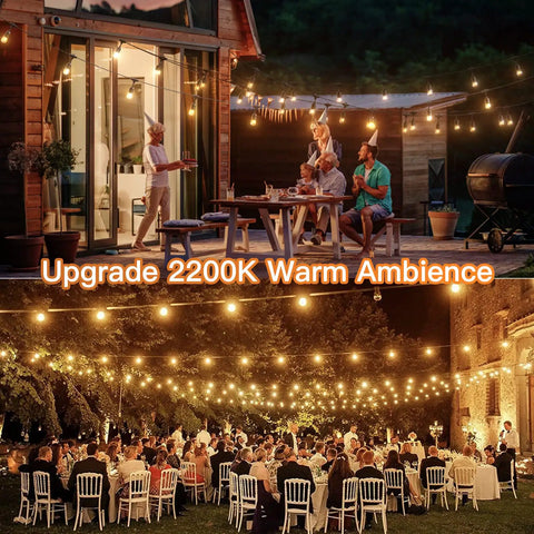 Outdoor evening scene with 24 Feet Led Outdoor String Lights Black, 2200K Warm Cafe Glow, hanging above dining area.