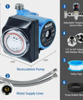 Instant Hot Water Recirculating Pump Kit For Tank Water Heaters With Thermal Bypass Tech showing pump dimensions and water supply lines.