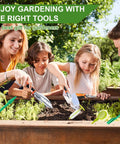 Family using Eight Pack Seed Dispenser Set For Easy Planting, Handheld Sower And Planter Kit with Dibber and Wedger in garden bed