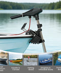 Badass 58 Lbs Brushless Electric Trolling Motor With Stepless Speed Control And 30 Inch Shaft mounted on kayak by lake.