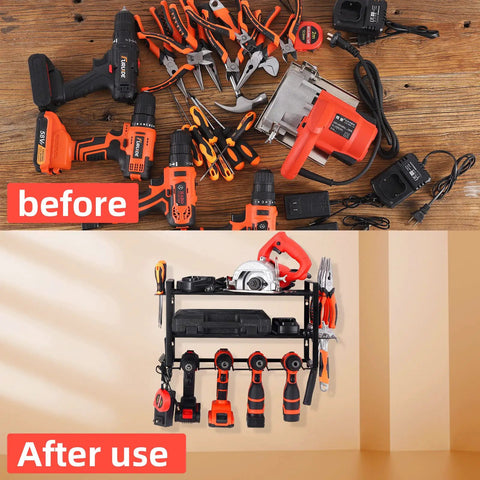 Before and after use of Heavy Duty Power Tool Organizer Wall Shelf For Drill Storage Rack And Tool Box Keeps Hand And Power Tools Within Reach Space Saving Garage Storage Easy Access Durable Rack For Home Workshop