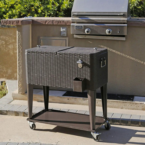 80 Quart Rolling Cooler Ice Chest Cart For Outdoor Parties And Backyard Barbecues Dark Brown Wicker Faux Rattan Tub Trolley With Wheels Shelf And Bottle Opener Portable Beverage Station For Patio And Deck