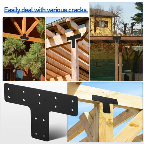 Heavy Duty Steel T Bracket Post Plate Kit With Fifty Six Socket Screws For Rock Solid Wood Fence Anchoring And Backyard Pergola Framing Project showing T bracket in black on wooden structures.