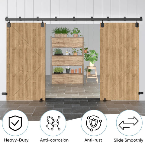 16 Foot Heavy Duty Box Rail Exterior Barn Door Hardware Kit For Two Doors Outdoor Sliding System Black Installed View