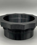 Front view of 4-inch MagDuct port quick-disconnect dust collector fitting, black plastic