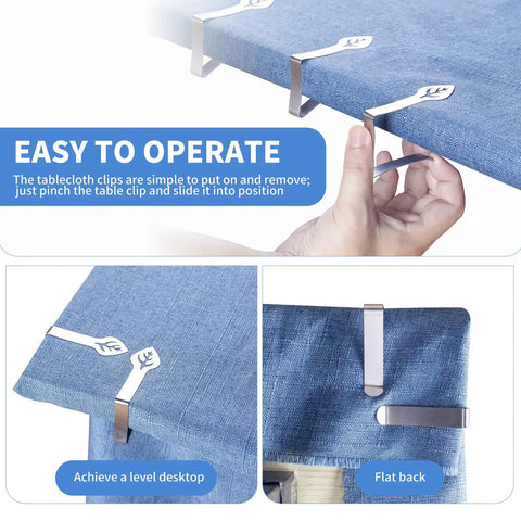 Heavy Duty Stainless Steel Tablecloth Clips 12 Pack Windproof Tablecloth Holders For Outdoor Tables Ideal For Restaurants Parties Weddings And Camping Rust Resistant Clips securing blue tablecloth