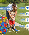 Child and adult playing with Toddler Golf Set With Putting Mat For 2 3 4 Year Olds Upgraded Kids Golf Cart With Shoulder Strap on green