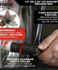 Three Eighths Inch Drive Ratcheting Breaker Bar, 15 Inch Length, 24 Tooth Ratchet, used to loosen fasteners on vehicle wheel.